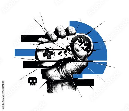 A monochrome vintage-style hand gripping a game controller, fragmented into cut-out layers, intersected by abstract rectangular blocks and a large semicircle