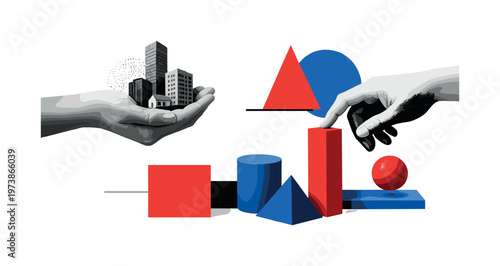 surreal city scene with oversized hand holding small buildings and geometric shapes, black and white hand interacting with abstract red and blue blocks, modern