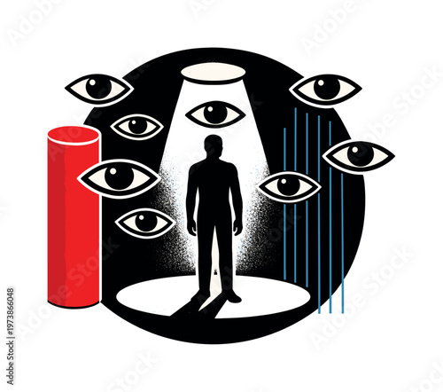 A black-and-white silhouette of a human figure exposed under a circular spotlight, multiple floating eye cut-outs surrounding the figure, strong white outline