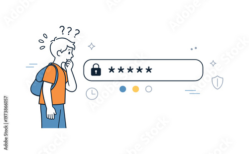 Master password panic. A character hesitating in front of a single password field, fear of being locked out, quiet pressure shown with a countdown