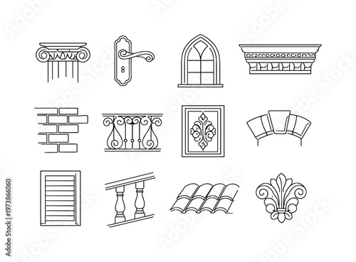 Architectural Details and Close-Ups. Minimalistic set one-line drawing classical column capital, ornate door handle, arched window frame, decorative cornice