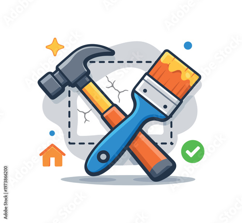 DIY home upgrade centered on small repairs and creative fixes that improve everyday living spaces. A hammer and paintbrush crossed over a neat wall patch