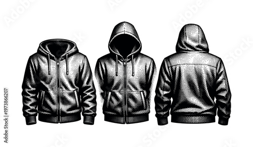 Hooded jacket, a realistic hooded jacket depicted with hood down front view, hood up front view, and back view as three object studies showing fabric volume.