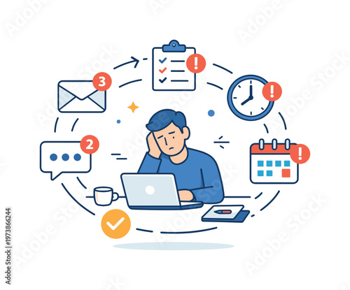 Busy work culture visualized through endless task notifications circling a calm but overwhelmed employee, highlighting distraction, fragmentation, and false