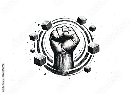 clenched fist surrounded by abstract blocks and circular frames textured monochrome hand with retro print effect minimalist conceptual poster style white