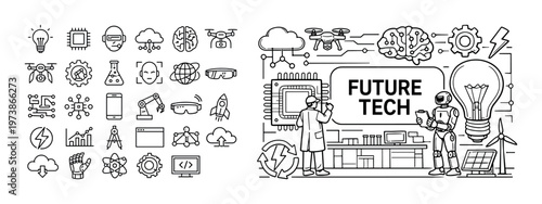 Future tech line icon composition with innovation symbols, artificial intelligence elements, digital devices, smart technology concepts, and engineering theme. Minimal outline collection for automatio