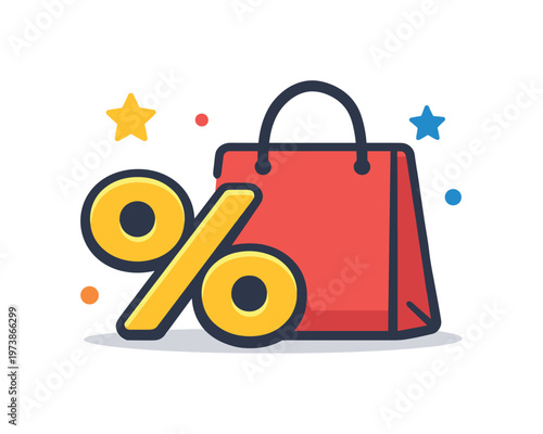 Seasonal sale announcement bright percentage symbol paired with a shopping bag and small decorative stars creates a lively sense of urgency and limited-time