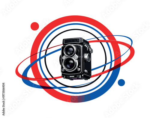 surreal cosmic scene with antique camera and concentric circles, black and white camera floating among red and blue orbital shapes, modern graphic collage