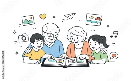 Sharing photos and memories. Grandparents and grandchildren look through a photo album together, pointing and smiling at past moments. Nostalgic yet light