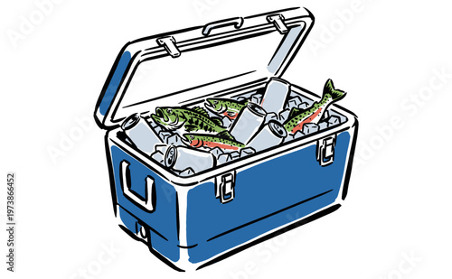 Fresh catch fishing club. Lake day adventure artwork. Trout in ice cooler for t shirt design, outdoor poster, camping graphic, sticker.