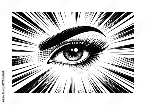 retro comic eye zoom dramatic radial lines and halftone textures expressive black and white eye with bold contrast shapes modern graphic collage minimalist
