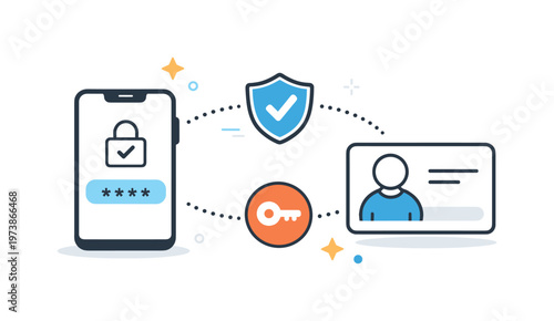 Two-factor authentication concept. A smartphone and user card connected by verification icons, representing an extra layer of security. The scene feels modern,