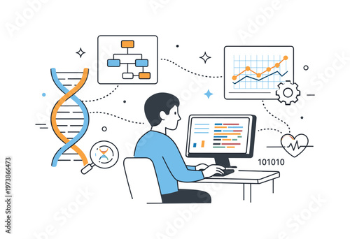 Bioinformatics analysis. A researcher working at a computer while DNA strands connect to algorithms and charts. A calm scene about computational methods