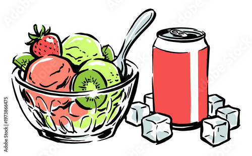 Stay cool, eat fresh. Ice cream and fruit dessert club artwork. Refreshing summer vibes. Vector illustration for poster, sticker, and apparel.
