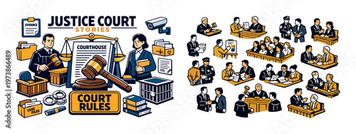 Justice court isometric composition with legal process icons, courtroom elements, judge, lawyer, jury, and court rules concept. Colorful vector-style set for law, trial, justice system, legislation, a