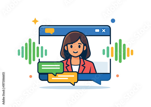 Virtual spokesperson interview visualized with a digital avatar framed inside a chat window and subtle sound waves, suggesting automated communication and