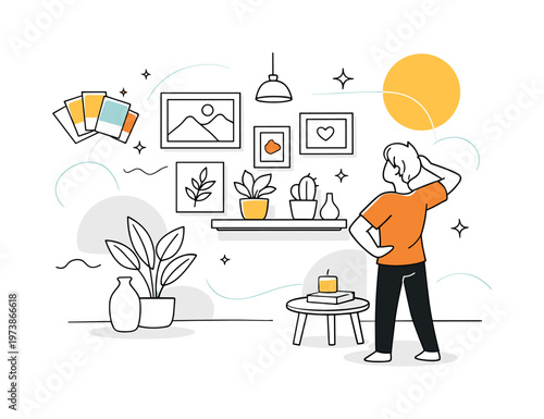 Furniture makeover. A person sanding and repainting an old chair, transforming it into a fresh modern piece. Before-and-after silhouettes and small tools hover