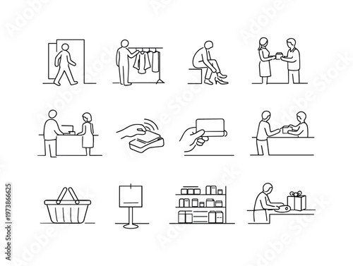 In-Store Shopping Journey. Minimalistic set one-line drawing customer entering store, browsing clothing rack, trying shoes, sales assistant helping, checkout