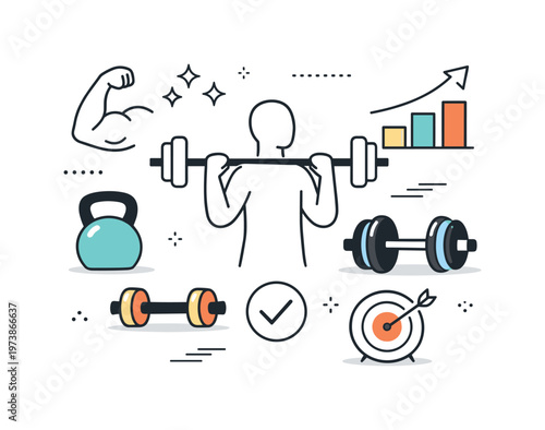 Abstract strength training concept. Simplified human figure, dumbbells, bars, and progress symbols arranged in a balanced composition. The scene