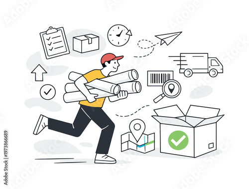 Shipping workflow with tube. A character carrying multiple mailing tubes toward a delivery box, abstract icons of logistics and tracking floating nearby.