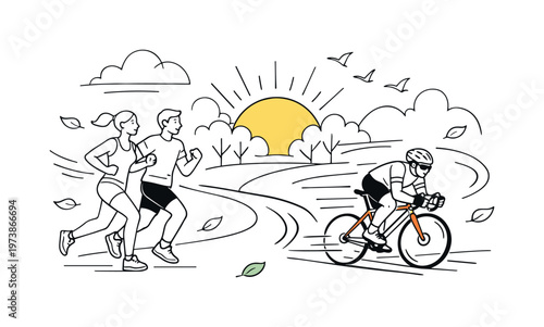 Fitness training outdoors. Person doing stretching and yoga poses on a mat, smartwatch glowing, water bottle and towel nearby, abstract sun rays around. Calm