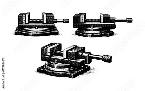 milling machine vise A precision milling vise presented in front, side, and angled views showing fixed and movable jaws, screw handle, and base alignment.