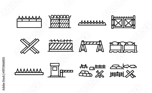 Defensive obstacles. Line icon set of defensive obstacles: spiked barrier wall, anti intrusion fence, road spike strip, reinforced gate, barricade cross,