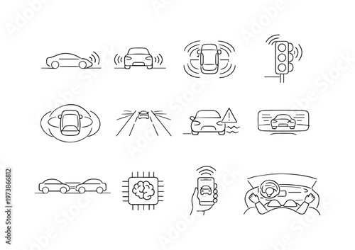 Autonomous Driving Systems. Minimalistic set one-line drawing vehicle with sensor signals, adaptive cruise control icon, car scanning surroundings, degree