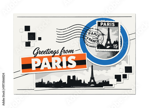 Black and white retro postcard front design with postage stamp reading Paris, distressed cancellation marks, monochrome landmark silhouette subtly visible,