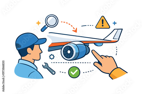 Aerospace engineer airplane schematic illustrated as a hand pointing to a simplified wing and engine diagram, communicating problem solving, inspection, and