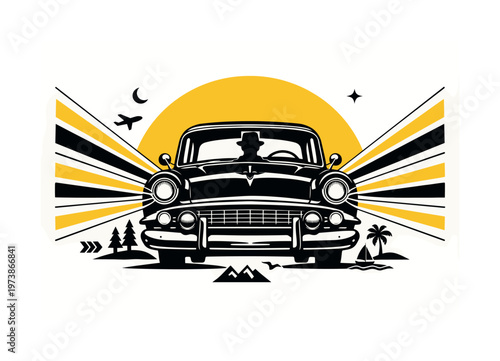 A surreal composition of a black-and-white retro car front view with the driver?s silhouette centered, partially enclosed within a bold yellow half-circle,