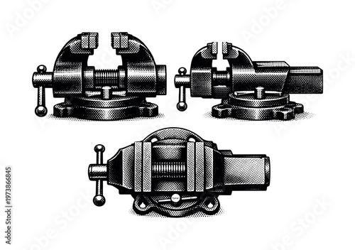 metal vise tool A heavy-duty metal bench vise shown in front, side, and top views with detailed jaws, screw mechanism, and mounting base. Black and white dot