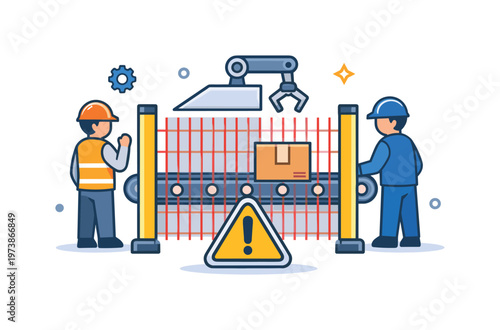 Safety light curtain system protecting workers near conveyor machinery with invisible barriers. Vertical beam lines and a small warning icon create a clear