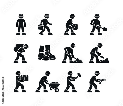 Manual Labor Worker. Solid icon set of manual labor worker: worker standing boots view, walking laborer boots, lifting stance boots, stable footing boots,