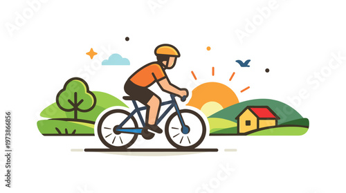Morning bike ride a cyclist moves through fresh countryside air with a rising sun and gentle landscape suggesting a peaceful and energizing start to the day.