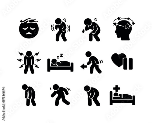 Feeling Unwell. Solid icon set of Feeling Unwell: faint expression, shaky posture, nausea symbol, lightheaded head, discomfort aura, rest icon, slow movement,