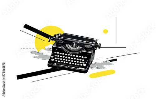 surreal sky scene with flying antique typewriter and linear accents, black and white typewriter suspended among abstract lines and yellow shapes, modern