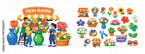 Fresh blooms isometric composition with florist shop elements, flower bouquet icons, blooming plants, decorative vases, and spring gardening concept. Colorful vector-style set for floral design, flowe