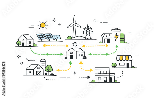 Distributed energy networks. Small homes and buildings connected to a shared renewable grid with energy flowing both ways. The scene represents