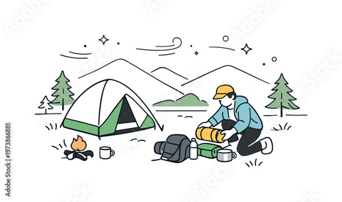 Campfire evening. A character sitting near a small campfire, gently warming hands while simple stars and smoke shapes float upward. Cozy and relaxed mood with