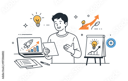 Business launch preparation scene. An entrepreneur rehearsing a pitch with notes and slides nearby. Focused and optimistic mood supported by abstract shapes