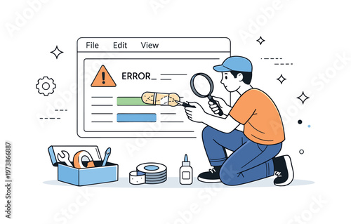 Legacy system maintenance. An IT specialist carefully patching an old system interface with small tools. Focused effort, patience, and temporary