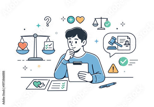 Bioethics Decision Making. A character thoughtfully reviewing medical documents and ethical guidelines, balancing choices between care and responsibility. Calm