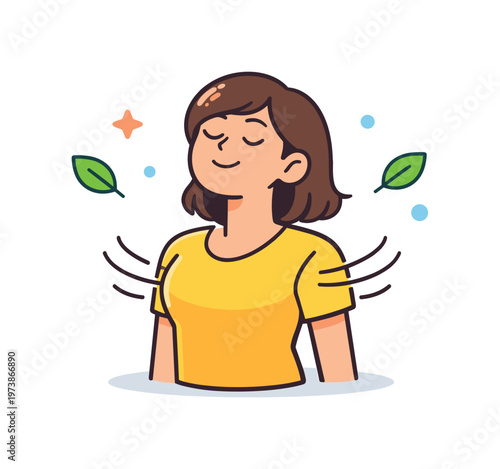 Deep breathing for stress relief featuring a relaxed character inhaling with expanding chest lines and small floating symbols of calm like leaves and dots. A