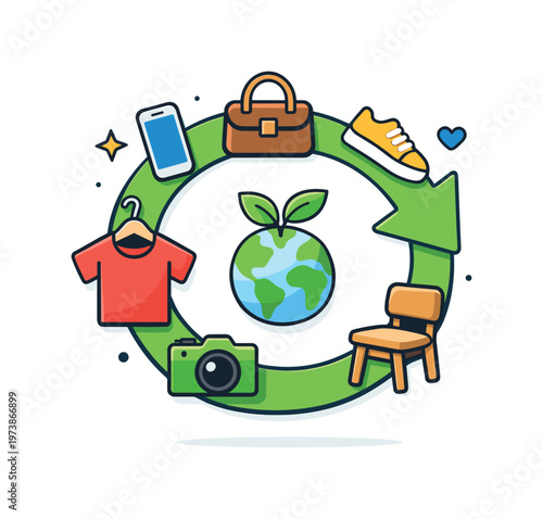 Sustainable resale economy visualized with secondhand goods forming a circular arrow, communicating reuse, eco-conscious business, and responsible consumption.
