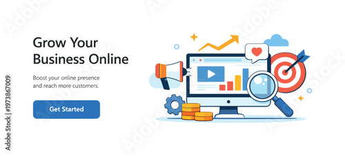 Landing page components arranged as a clean hero section with headline button and simple illustration, conveying clarity strong first impression and modern