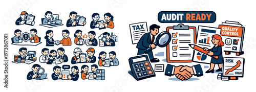 Audit ready isometric composition with tax reporting icons, financial inspection elements, accountant character, calculator, documents, and compliance review concept. Colorful vector-style set for tax