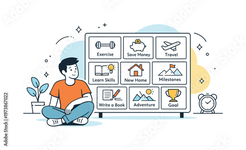 Personal Development Planning. A person sitting near a vision board filled with neatly arranged cards representing habits, dreams, and milestones. Relaxed and