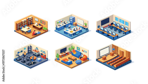 Campus facilities. Isometric flat vector icons set of Campus facilities: modern library interior, science laboratory room, computer lab workspace, campus gym