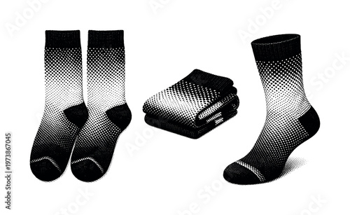 Socks, a realistic pair of socks shown laid flat, folded, and slightly stretched as three object views with accurate fabric proportions and knit structure.